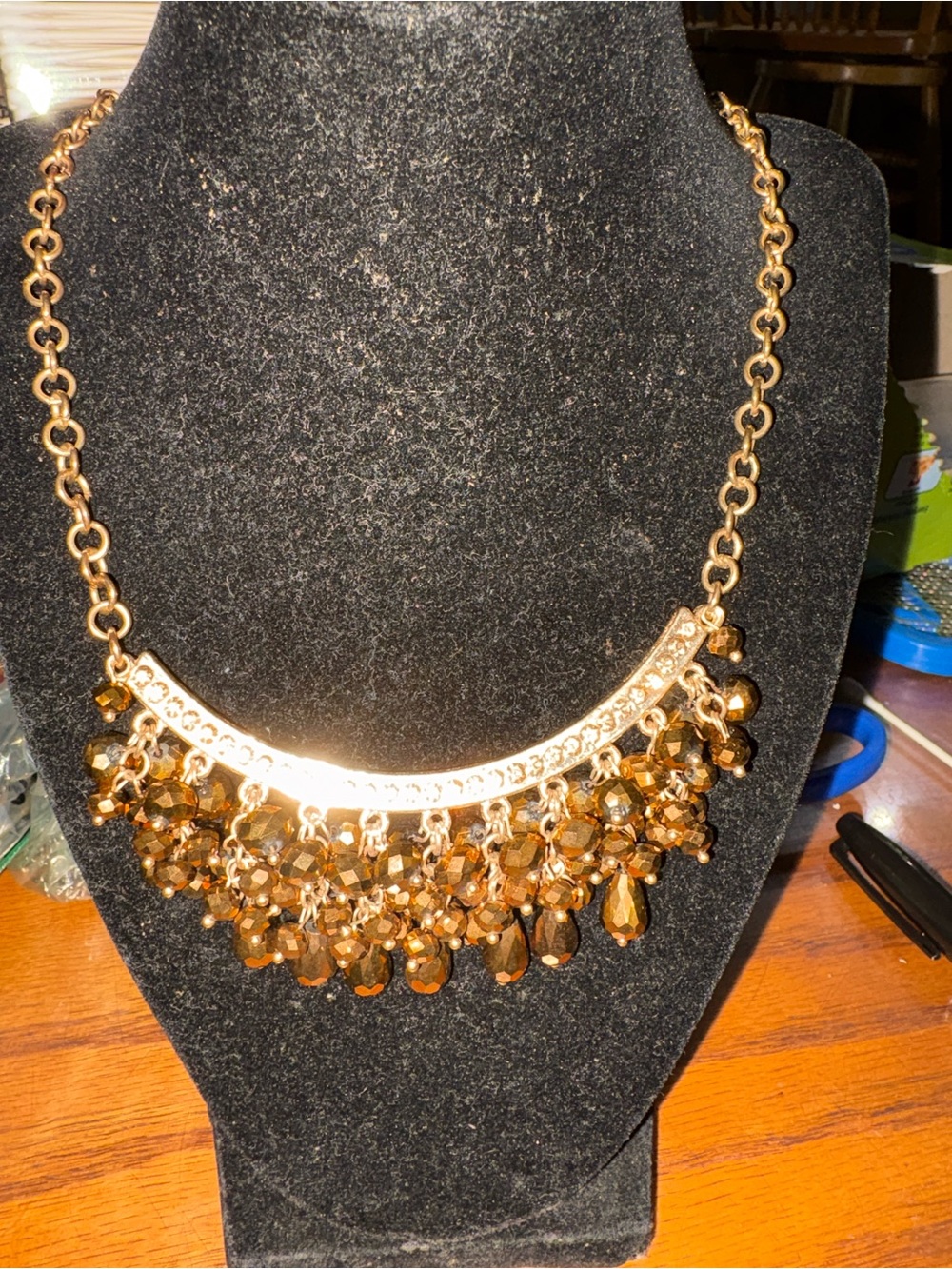 Gold Tone Statement Necklace with Amber Faceted Beads 9 3/4 inches